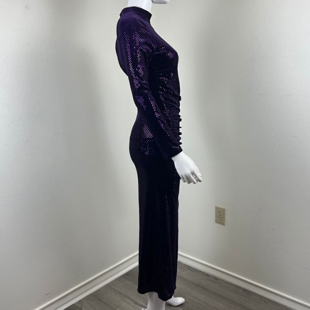 Zara Women Size XS Purple Sequins Velvet Ruched Midi Dress Long Sleeve Mock Neck - Picture 9 of 15